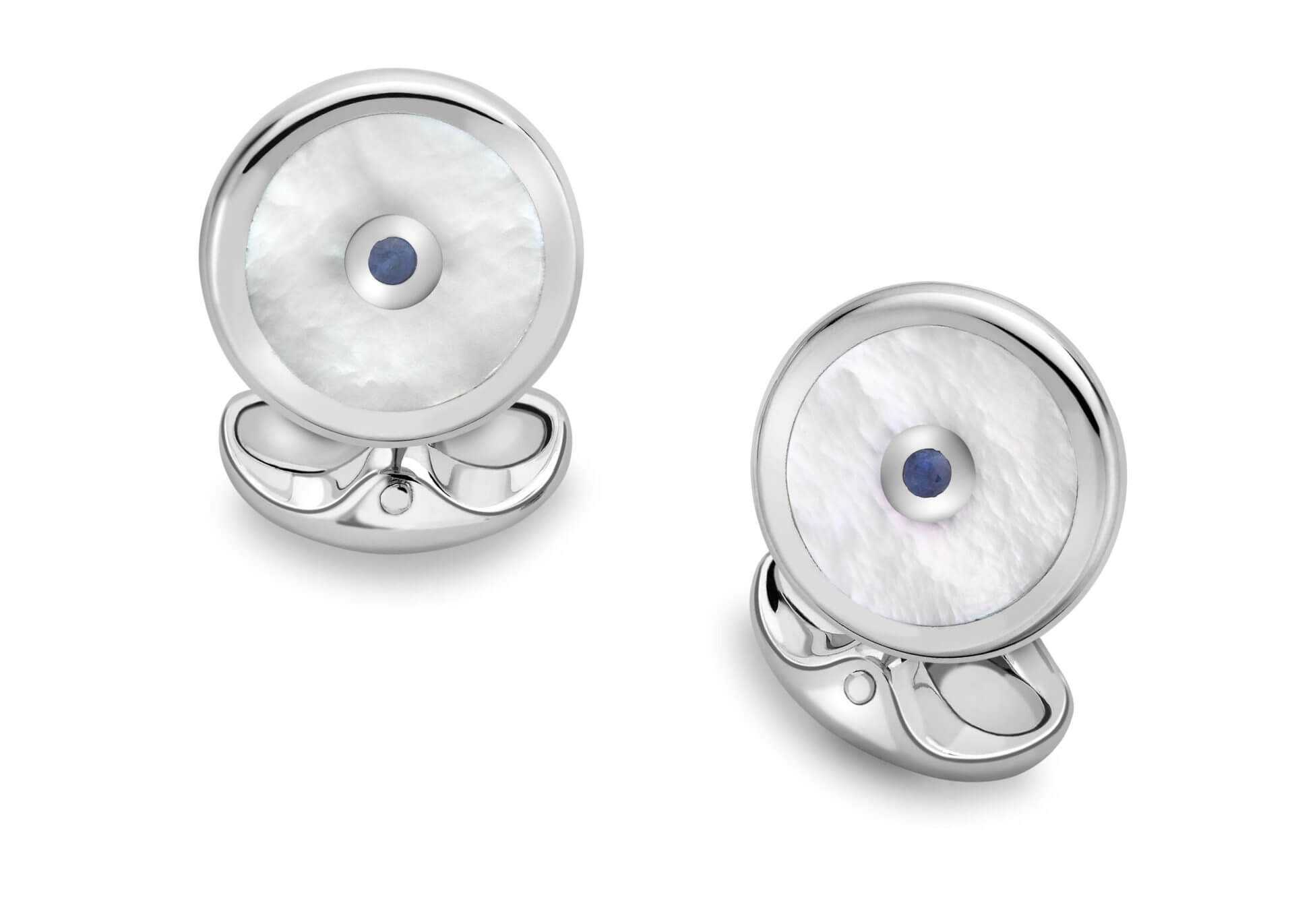 Sterling Silver Round Cufflinks with Mother of Pearl and Sapphire