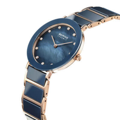 Bering Women's Blue Mother of Pearl Ceramic & Rose Stainless Steel
