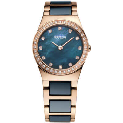Bering Women's Blue Mother of Pearl Ceramic & Rose Stainless Steel