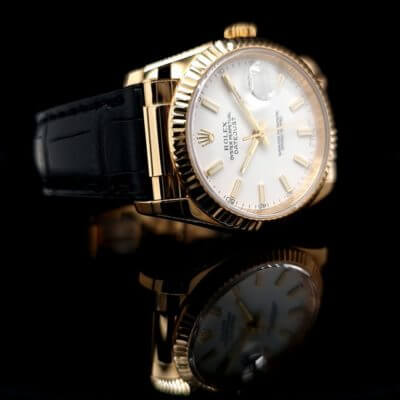 2004 Rolex - Gold DateJust-36 on a Black leather strap - Box and Papers