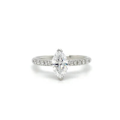 Pre-Owned 0.77ct Marquise cut Diamond Engagement ring with Diamond set shoulders made in Platinum