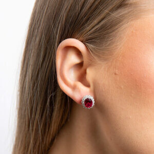 Diamonfire Red Oval Cubic Zirconia Stud Earrings with Halo