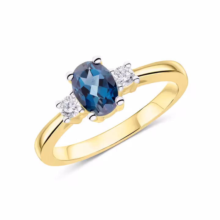 Pre-Owned 9ct Yellow Gold London Blue Topaz & Diamond Three Stone Ring