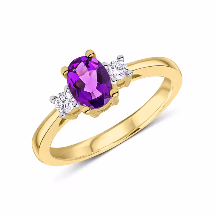 Pre-Owned 9ct Yellow Gold Amethyst & Diamond Three Stone Ring