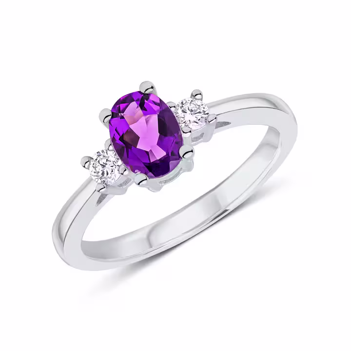 Pre-Owned 9ct White Gold Amethyst & Diamond Three Stone Ring