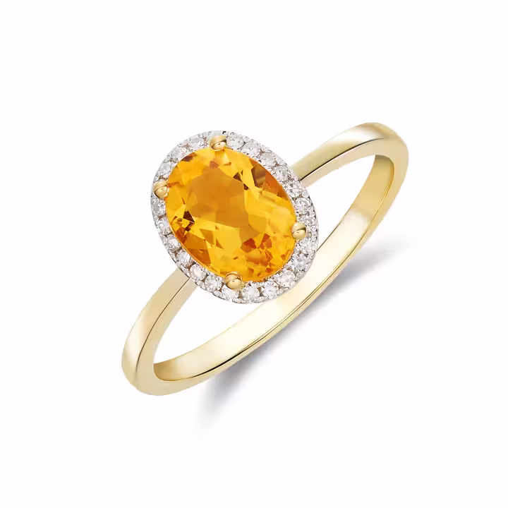 Pre-Owned 9ct Yellow Gold Oval Citrine & Diamond Cluster Ring