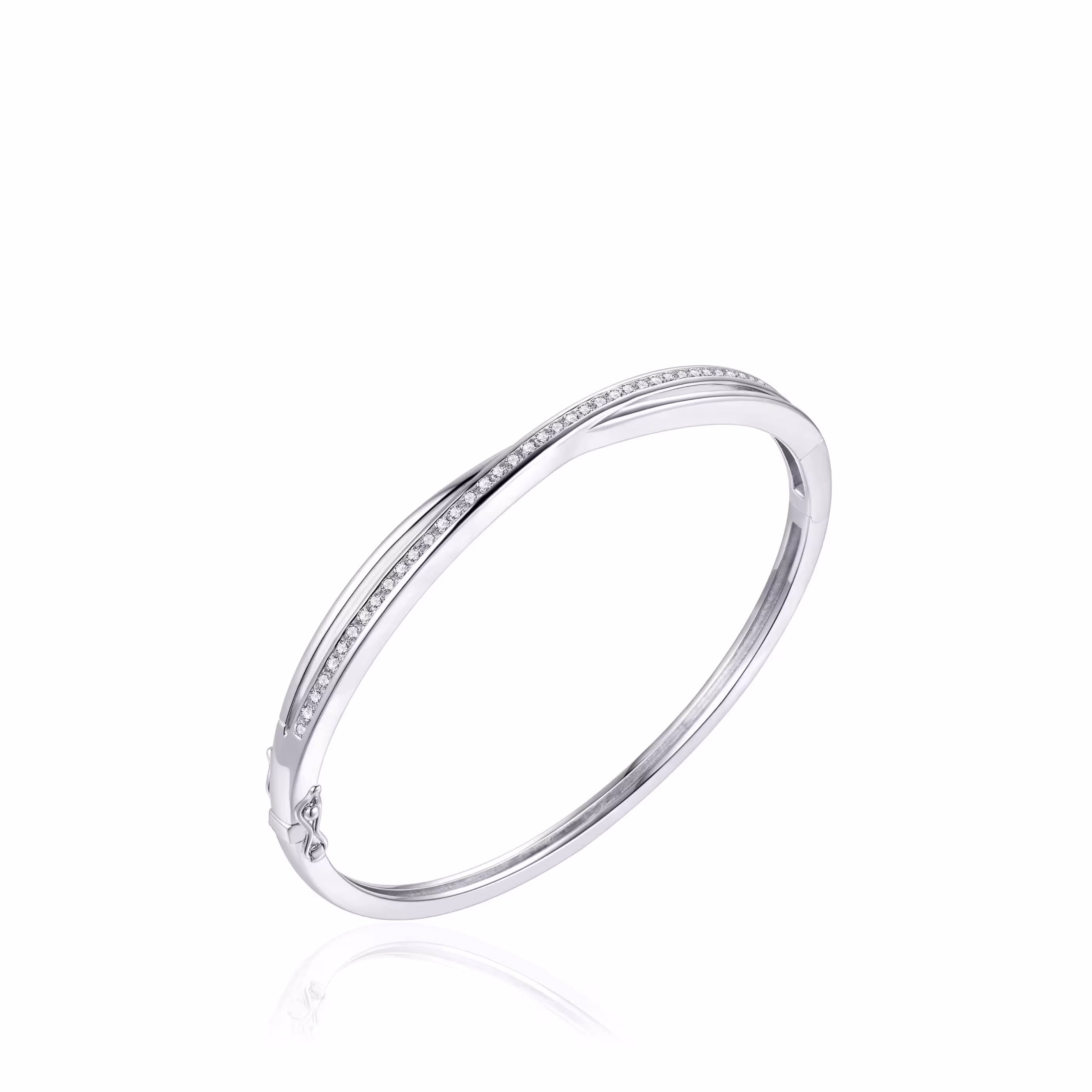 Gisser Rhodium Plated 925 Sterling Silver Bangle, 64mm, Cubic Zirconia, White.