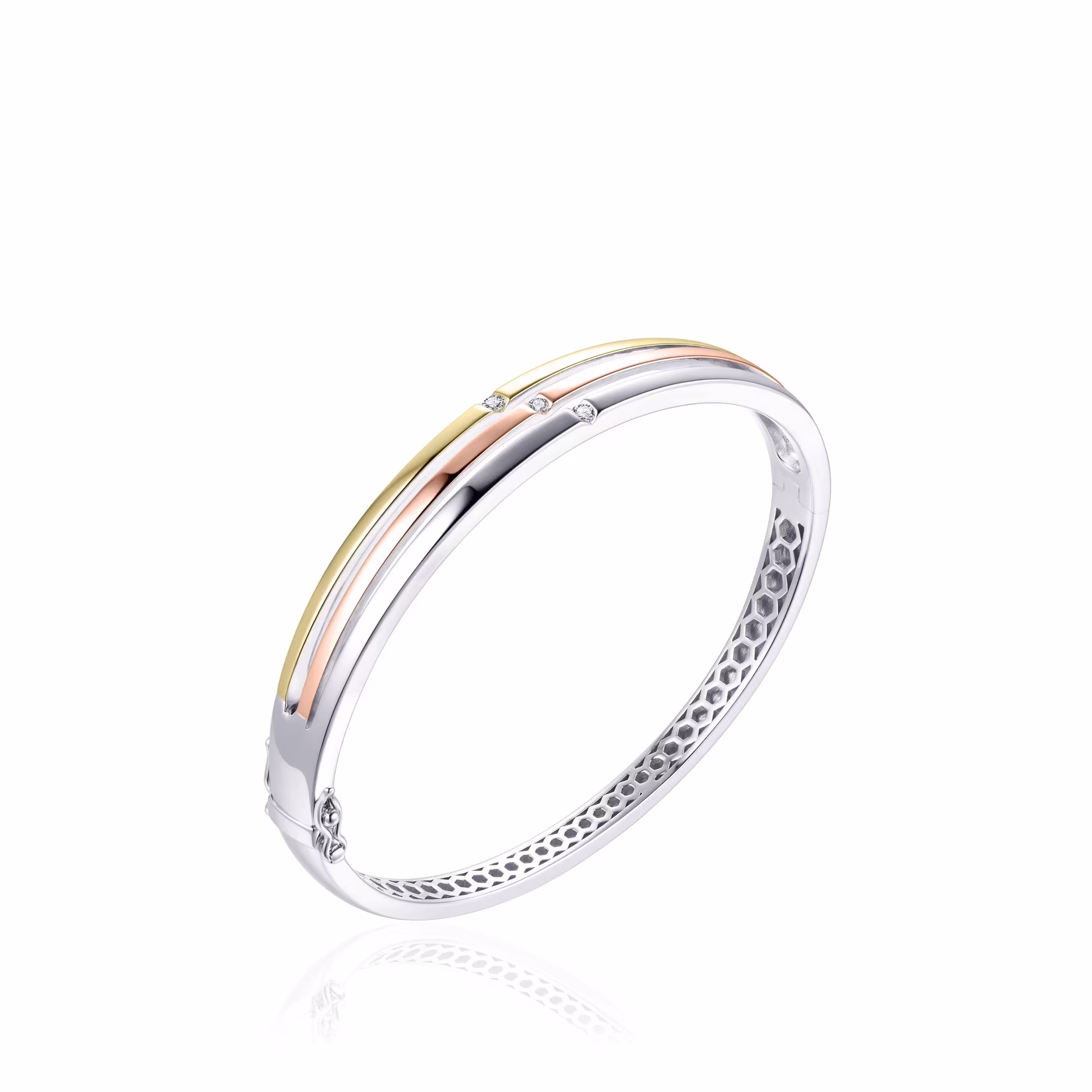 Gisser Jewels Tri-Colour gold plated silver Bangle, 60mm, Cubic Zirconia, White.