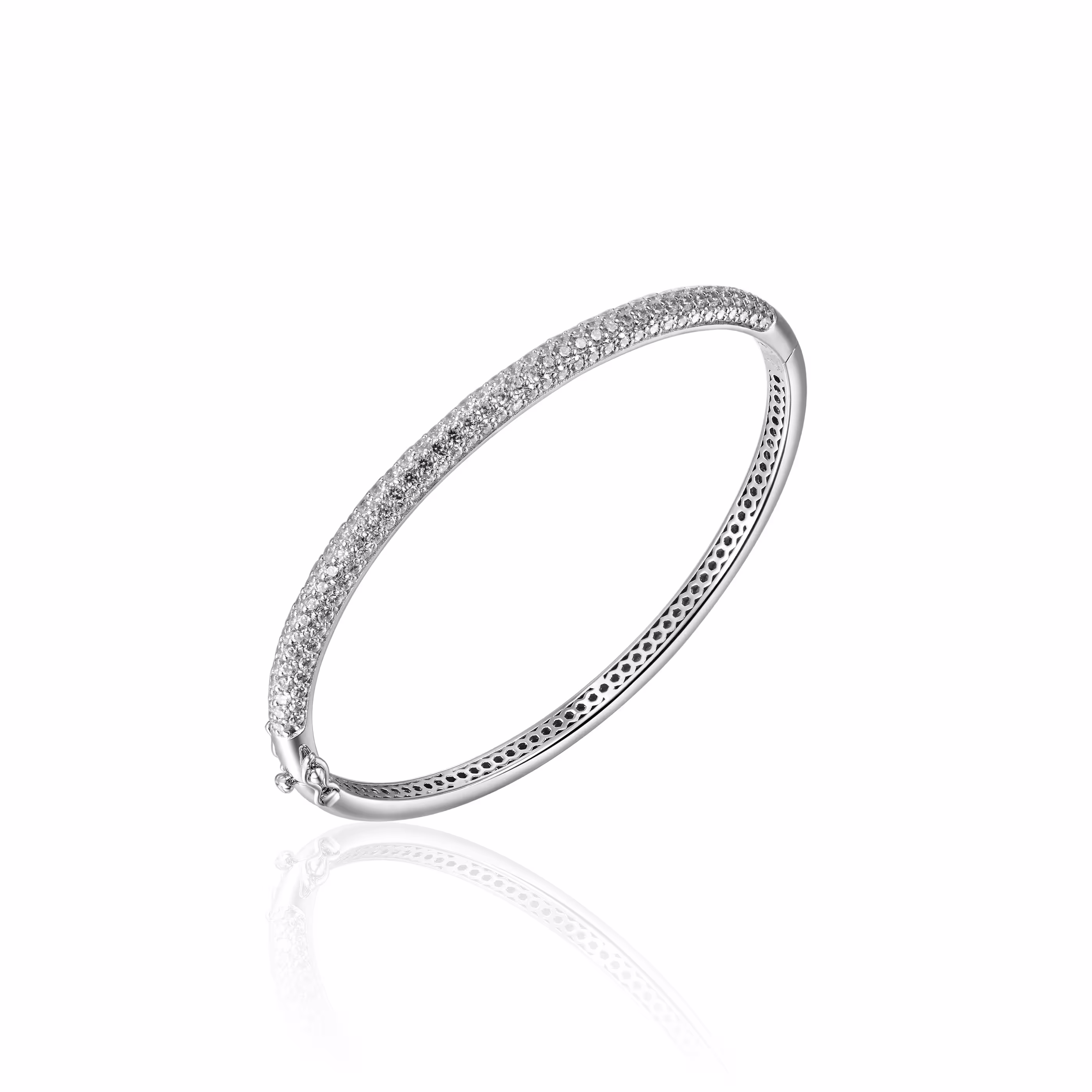 Gisser Rhodium Plated 925 Sterling Silver Bangle, 60mm, Cubic Zirconia, White.