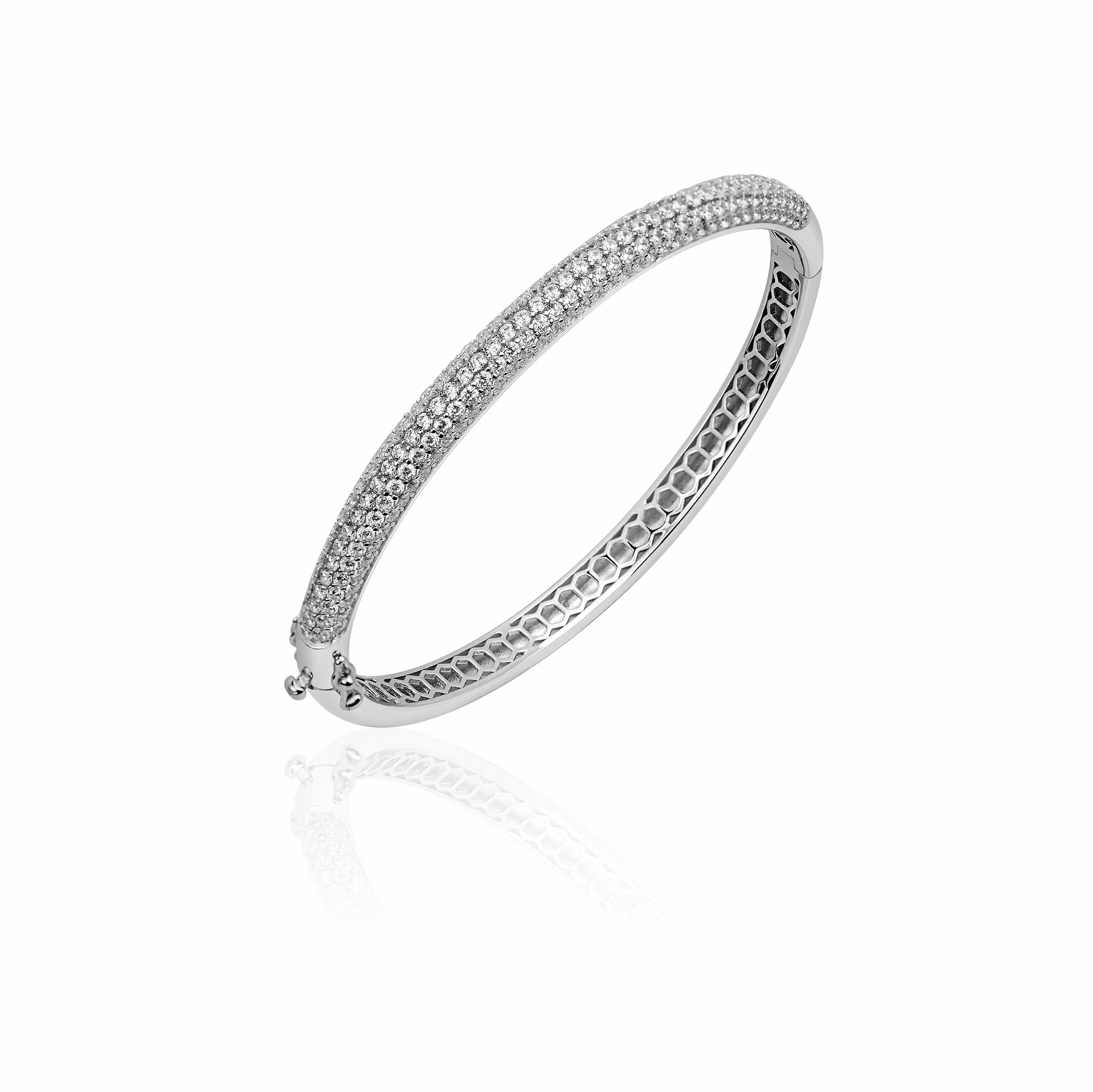 Gisser Rhodium Plated 6mm 925 Sterling Silver Bangle, 60mm, Cubic Zirconia, White.