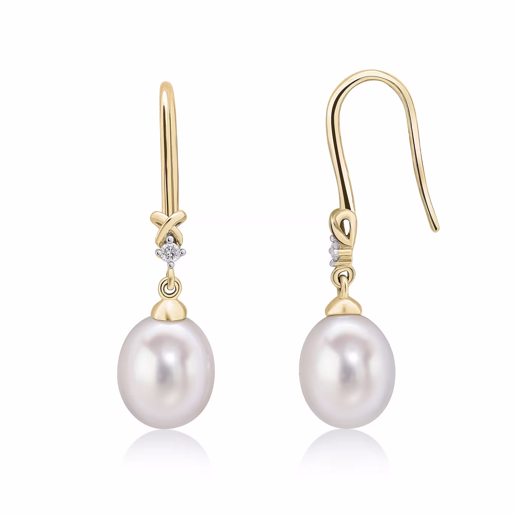 Pre-Owned 9CT Yellow Gold Diamond & Pearl Hook Knot Earrings